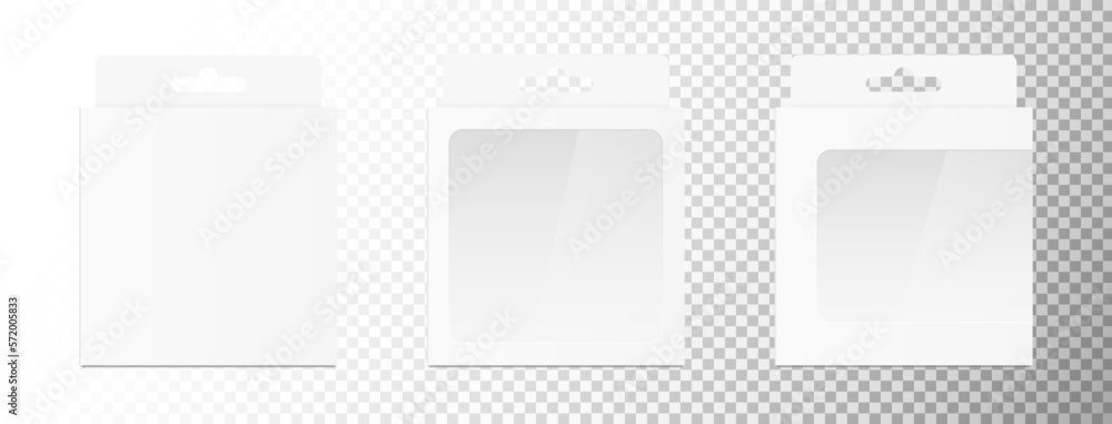Poster white packaging box with hang tab set isolated on transparent background. three different realistic 