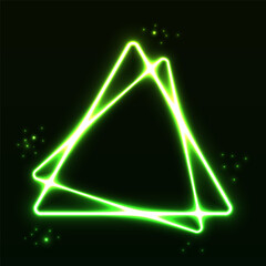 Realistic green neon double triangular frames with sparkles on dark background. Electric light frame sign. Light banner with glow effect. Empty minimal art decoration. Vector illustration