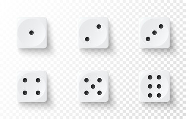 Dice game set with white cubes isolated on transparent background. Realistic gambling dices collection. Template for play in casino. Dots from one to six sign. 3d vector illustration