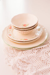 Closeup of porcelain plates and bowls