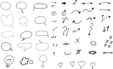 Set of doodles Arrows and speech bubble , Hand drawn hearts , Doodles icons vector