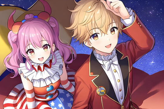 Circus Night Dream - Boy and girl in clown costumes gaze at the starry sky - Generative AI technology