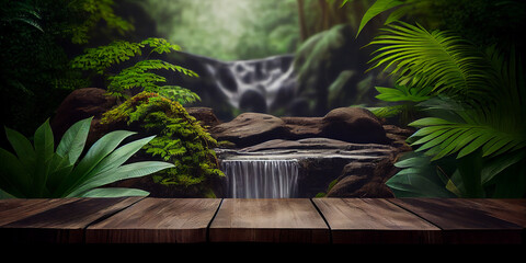 Empty wooden table top product display showcase stage. Tropical jungle and waterfall background. Generative ai