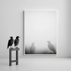 Wall poster mockup silver fog and creepy crows, AI generation.