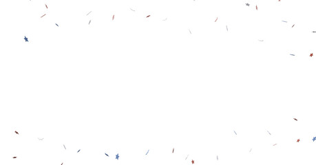 A blue glitter confetti border with red and blue stars on white