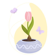 Tulip flowers and buds in a flowerpot with flying butterflies on an abstract background.Vector graphics.