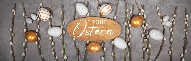 Frohe Ostern Feier Feiertage Hintergrund mit deutschem Text - Gold bemalten Ostereier und...