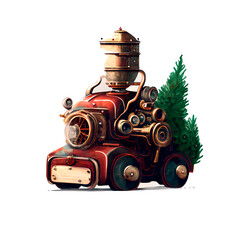 Watercolor hand drawn artistic colorful steampunk retro vintage car  with Christmas  tree 