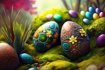 Obraz na płótnie Canvas Beautiful decorated easter eggs in a garden. Generative AI illustration.