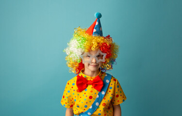 Funny kid clown against blue background. Happy child playing with festive decor. 1 April Fool's day concept