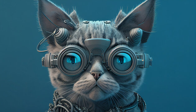 Portrait of robotic mechanist American shorthair cat with glasses in monochromatic blue color.