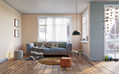 Cute pillows on comfortable sofa in scandinavian modern living room