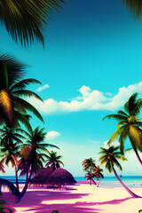 Palm trees on the beach. Tropical colors in 80s retro wave style. Generative AI