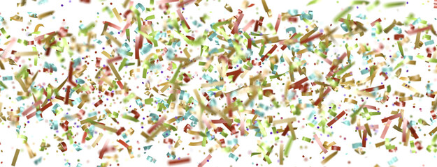 Multicolor confetti abstract background with a lot of falling pieces, isolated on a white background. Festive decorative tinsel element for design