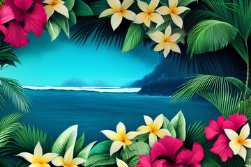 Fototapeta na wymiar 80s retro syle of a tropical island with floral and palm leaves frame with space for writing. Generative AI