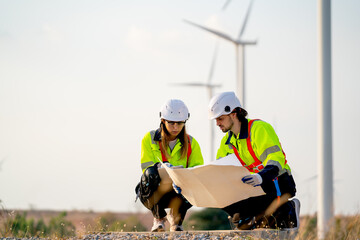 Caucasian engineer man and woman sit on the ground and discuss together with using drawing paper...