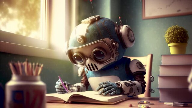 Robot child doing homework. Generative AI
