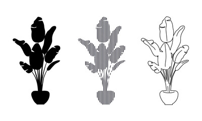 Set of flower in a pot silhouettes. Black silhouette, striped silhouette, line. 