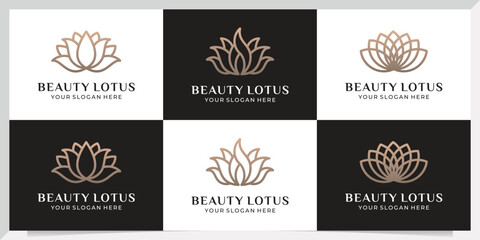 Fototapeta na wymiar set of Lotus flower logo. Vector design template of lotus icons on dark and pink background in flat and outline style with golden effect for eco, beauty, spa, yoga, medical companies.