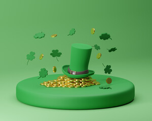 Saint Patrick's Day hat, clovers and gold coin on green background. 3d render illustration