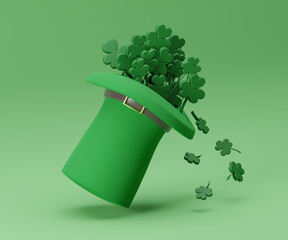 Hat with clovers on green background. 3d render illustration
