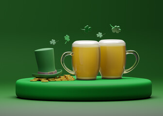 Hat and beer on green background. 3d render illustration