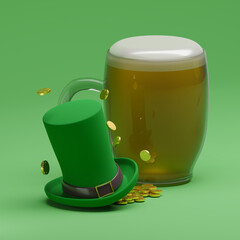 St Patrick's Day hat and beer on green background. 3d render illustration