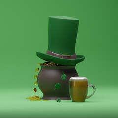St Patrick's Day hat, pot with gold coins and beer on green background. 3d render illustration
