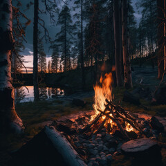 Evening campfire by a lake. Ai Generated.