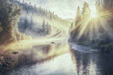 Warmy beautiful morning summer landscape with mist on a river. Generative AI