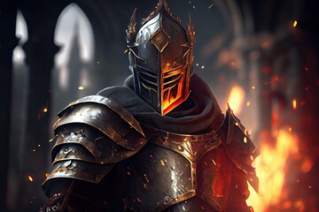 Naklejka premium Warriors in ornate and shiny flexible armor hold sword. Generative AI.