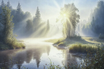 Fototapeta premium Warmy beautiful morning summer landscape with mist on a river. Generative AI