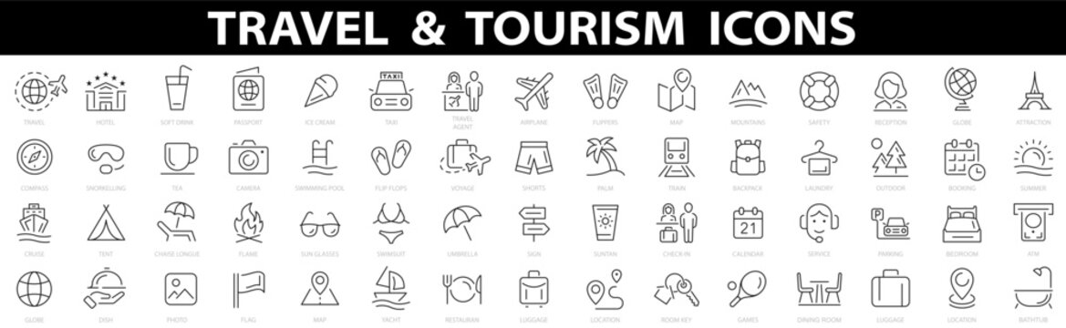 Travel and tourism icon set. Airplane, trip, beach, passport, summer vacations, luggage, camping, hotel. Collection of traveling and tourism elements. Vector illustration.