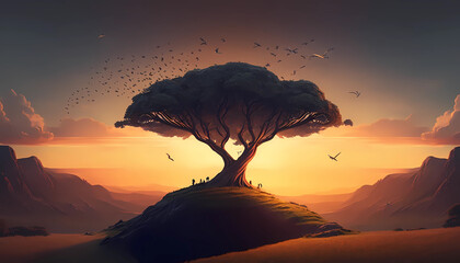 A beautiful cartoon-style illustration of a single tree against a rolling landscape during sunset, with birds swooping and flying in the distance. Generative AI