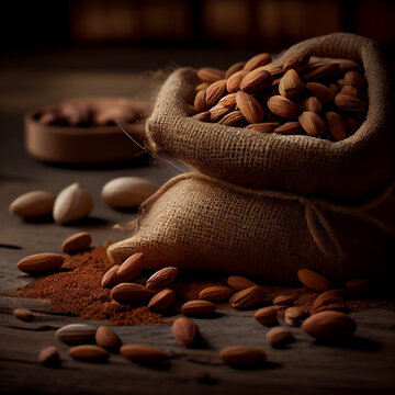 Almendras peladas saliendo de un saco de arpillera , tumbado sobre una hermosa mesa rustica con luces de estudio modificadas.