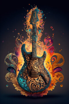 Colorful, psychedelic guitar with intricate details and ornaments. Created with Generative AI technology.
