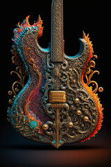 Colorful, psychedelic guitar with intricate details and ornaments. Created with Generative AI technology.