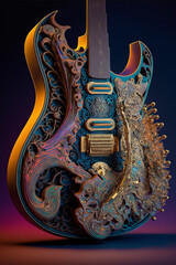 Colorful, psychedelic guitar with intricate details and ornaments. Created with Generative AI technology.
