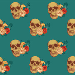 Fototapeta premium Seamless pattern with human skulls and roses. Vector background with sinister smiling skulls. Graphic print for clothes, fabric, wallpaper, wrapping paper