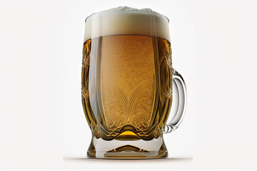 Beer mug filled with foam beer, isolated on a white background. Generative AI.