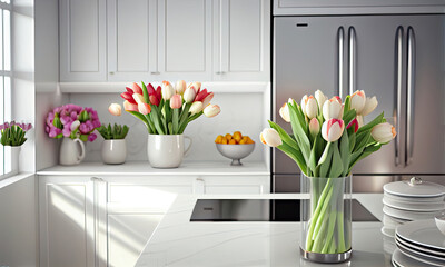 Bouquet of tulips in a bright modern kitchen, generative AI