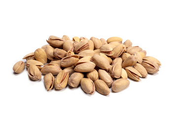 Shelled pistachios isolated on white background