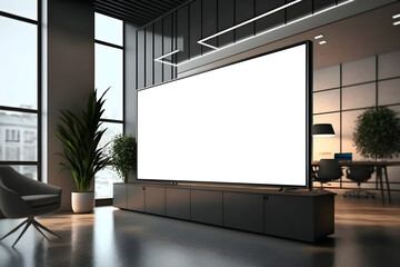 Realistic 3d side view of presentation screen in modern office environment, Modern interior with wide LED screen mockup 