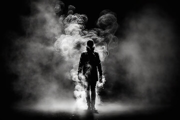 Obraz na płótnie Canvas Ilustración de la silueta de un hombre atravesando una nube de humo, concepto contaminación. Generative AI
