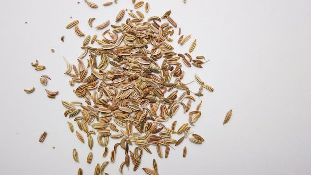 Barbecue fennel granules on a white background. Dietary spices.