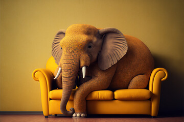 Ilustración de un elefante sentado en un sofá amarillo. Generative AI