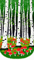 birch grove with mushrooms - colorful vector background illustration