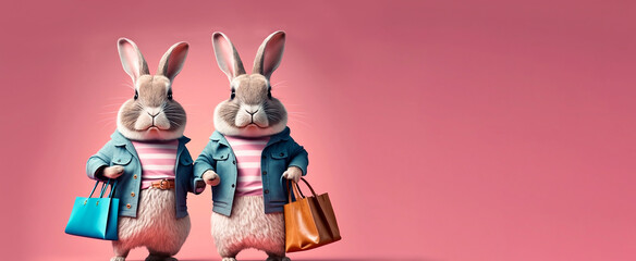 Two cute rabbits in clothes go shopping. Easter bunnies in a realistic style. Place for your text. Banner. Easter card. AI