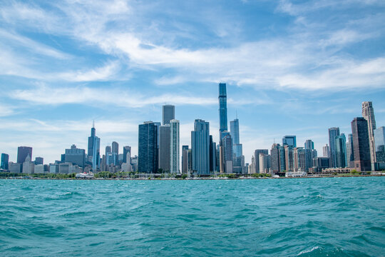 Chicago City Skyline and Coastline Along Lake Michigan on Sunny Day With Blue Sky