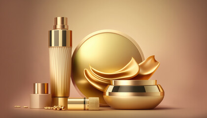 Cosmetic set in the form of a mockup in gold color and elegant, expensive style. Generated AI. High quality illustration